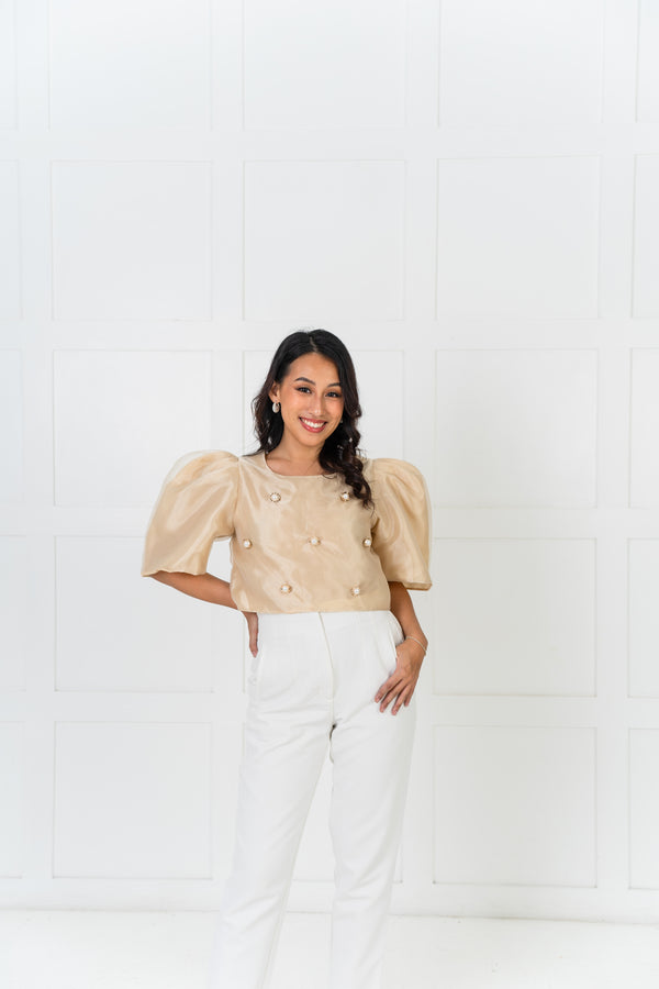 [NEW VERSION] Gabriela Filipiniana Top - Cream Beige with Big Pearls