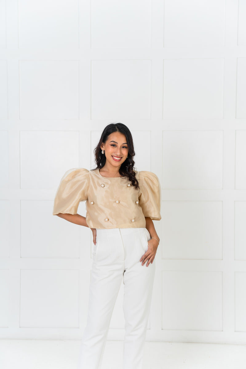[NEW VERSION] Gabriela Filipiniana Top - Cream Beige with Big Pearls