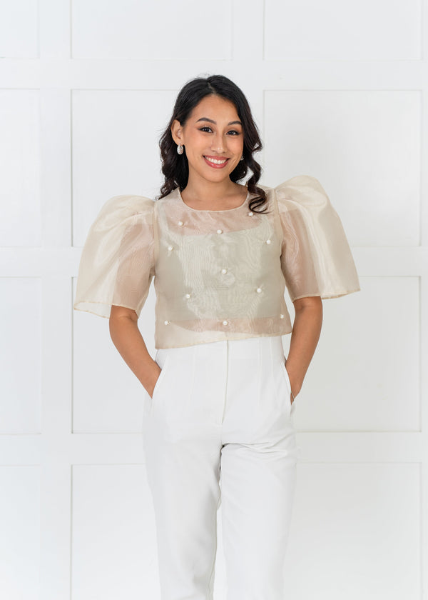 [NEW VERSION] Gabriela Filipiniana Top - Cream Sheer with Pearl