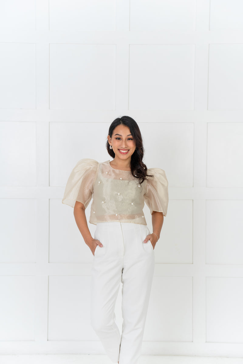 [NEW VERSION] Gabriela Filipiniana Top - Cream Sheer with Pearl